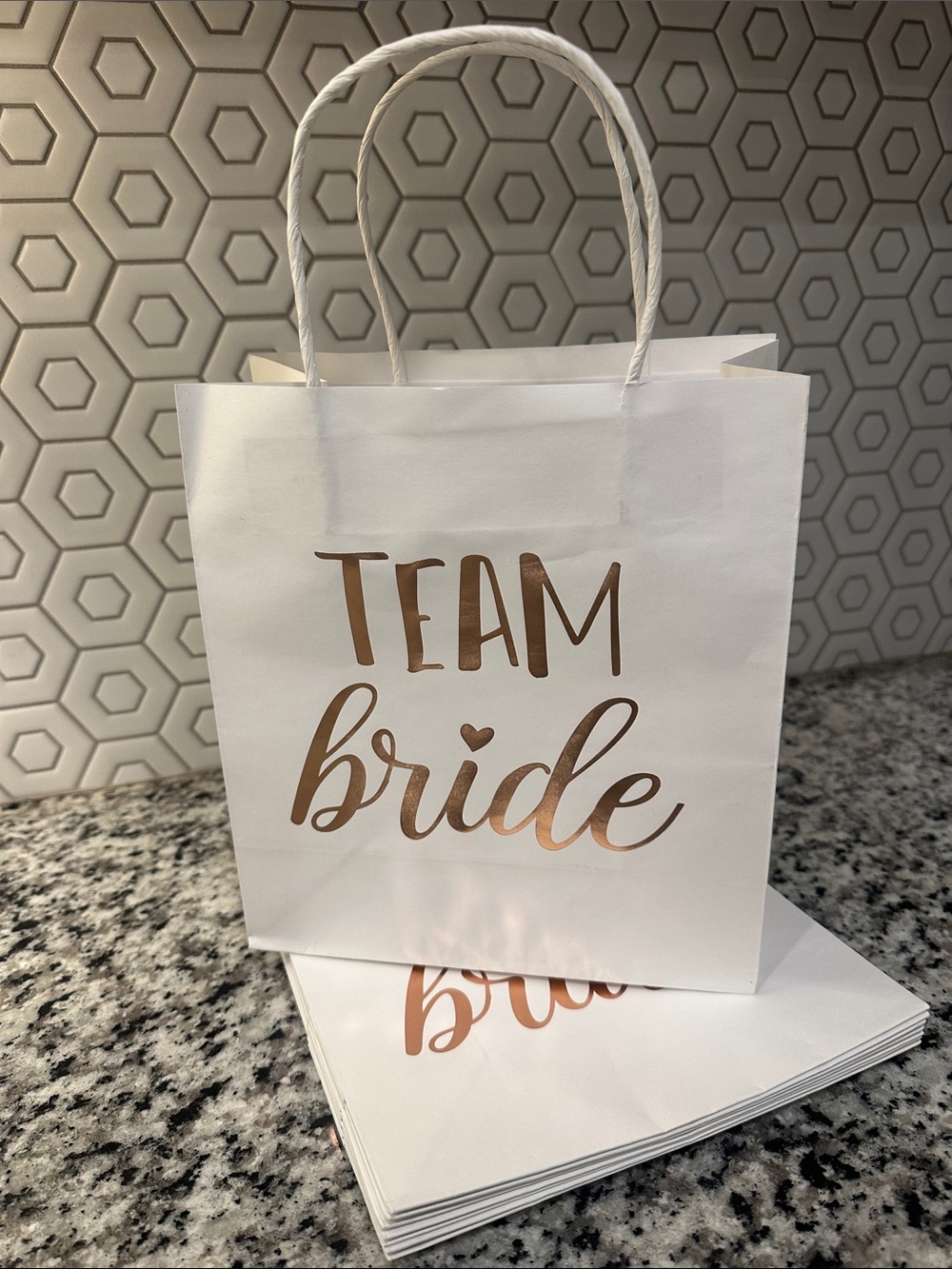 Team Bride Rose Gold Script Gift Bags - White (set of 8)